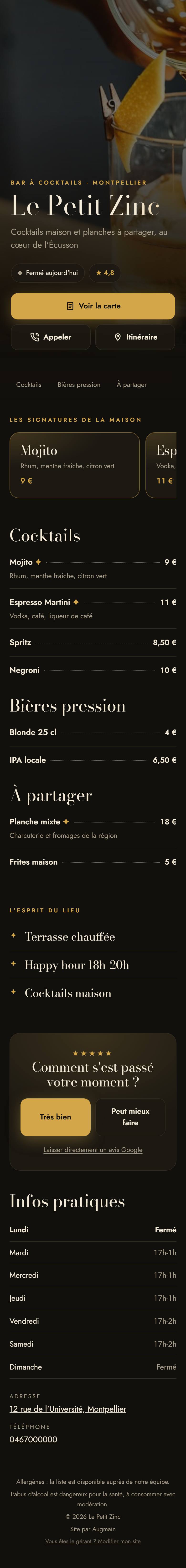 Exemple de site créé avec Augmain Carte : un bar à cocktails, avec sa carte, ses horaires et ses avis